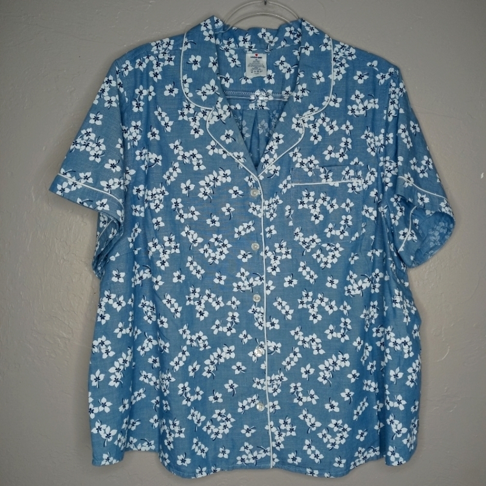 Land's End Blue Pajama Top with White Flowers